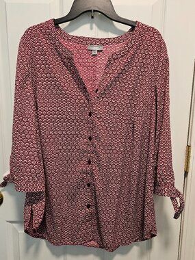Catherines Plus Size 0X Burgundy White Print Button Front Tie Sleeve Blouse